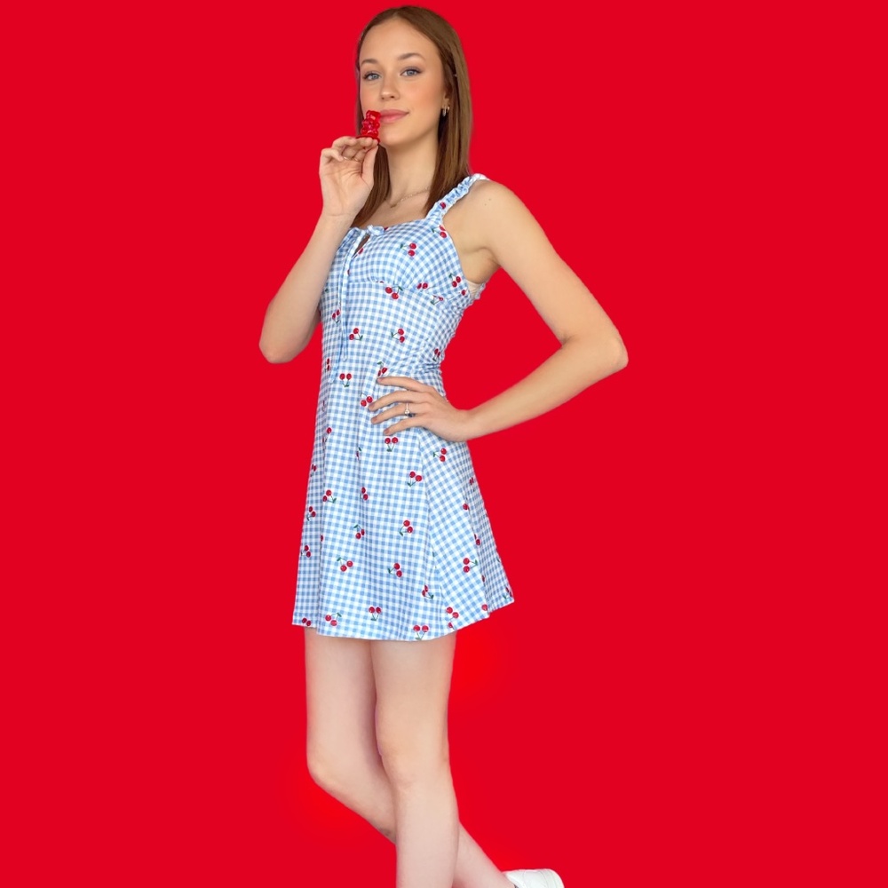 NEW Cherry dress blue gingham cherry print dress summer dresses cute d